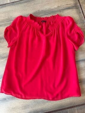 Talbots Bright Red Smocked Neck Short Sleeve Blouse